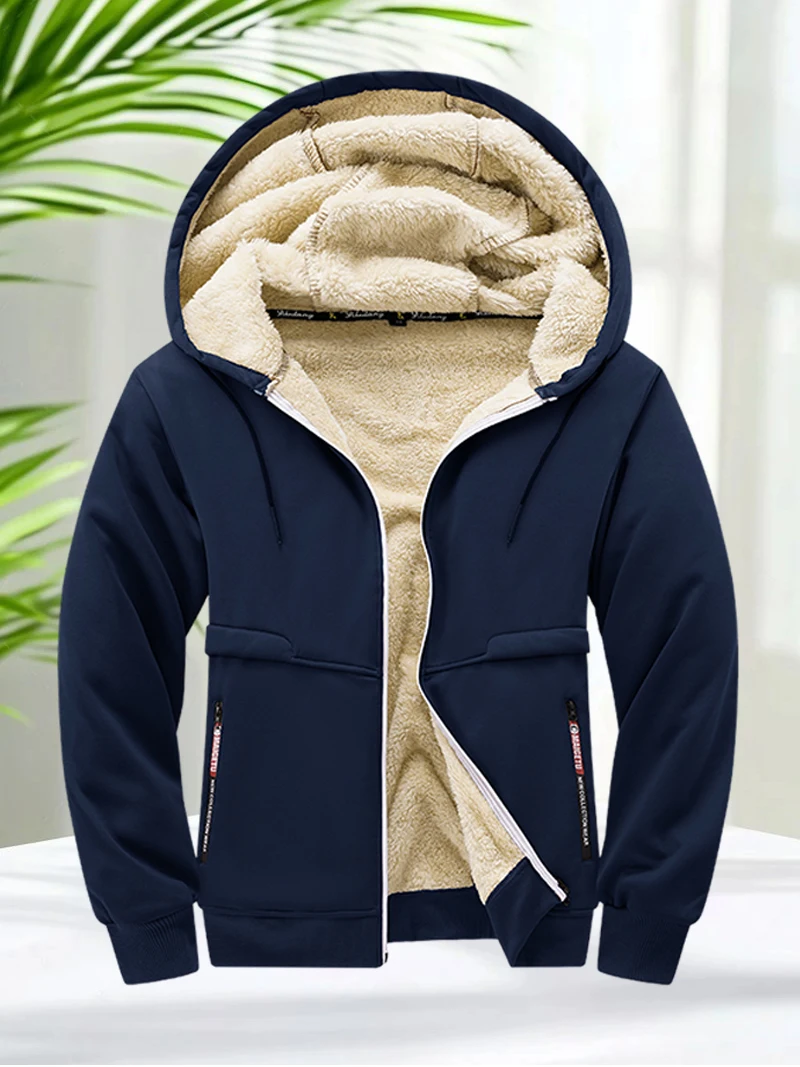 Faux Fur Lined Hoodies for Men Autumn Winter Thicken Fleece Sherpa Jacket Zip Up Hooded Coats with Zipper Pockets for Daily Wear - Image 4
