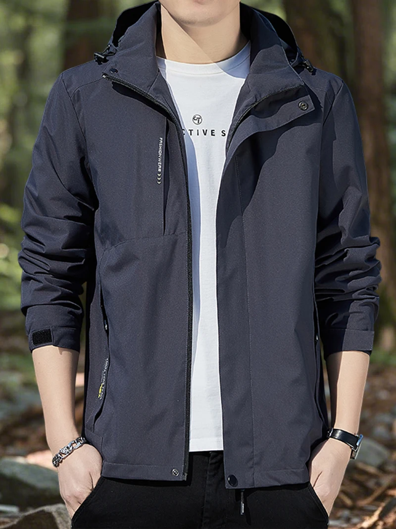 Korean Fashion Hiking Jacket Waterproof Slim Fit Zip Up Hooded Jacket Men Spring Camping Coats with Zipper Pockets - Image 2