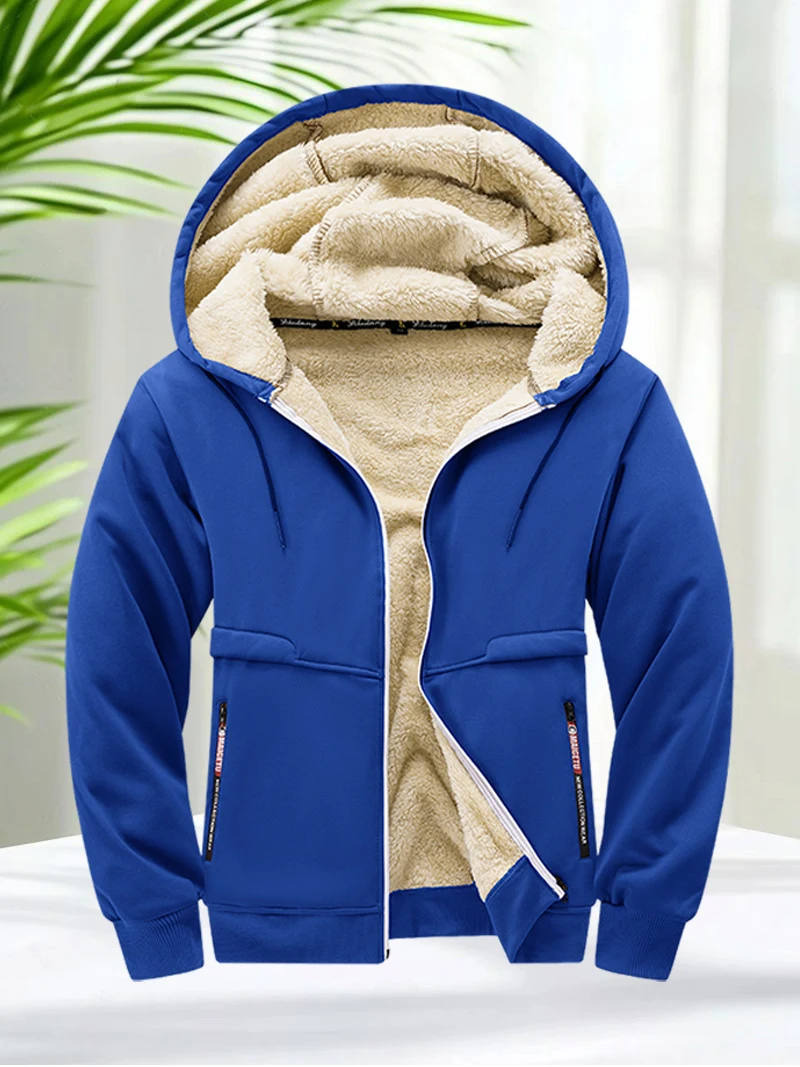 Faux Fur Lined Hoodies for Men Autumn Winter Thicken Fleece Sherpa Jacket Zip Up Hooded Coats with Zipper Pockets for Daily Wear - Image 3