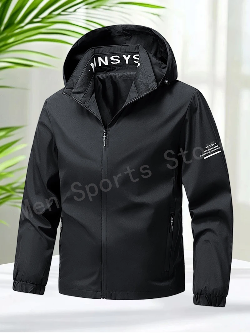 Men’s Hooded Jacket Lightweight Casual Zip Up Coat with Letter Print Design Fashion Streetwear Outerwear for Spring Autumn