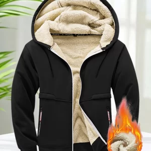 Faux Fur Lined Hoodies for Men Autumn Winter Thicken Fleece Sherpa Jacket Zip Up Hooded Coats with Zipper Pockets for Daily Wear