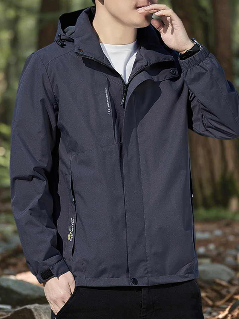 Korean Fashion Hiking Jacket Waterproof Slim Fit Zip Up Hooded Jacket Men Spring Camping Coats with Zipper Pockets - Image 3
