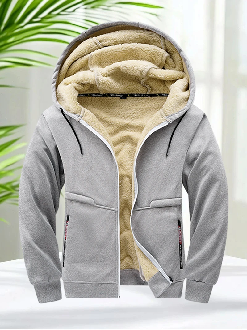 Faux Fur Lined Hoodies for Men Autumn Winter Thicken Fleece Sherpa Jacket Zip Up Hooded Coats with Zipper Pockets for Daily Wear - Image 2