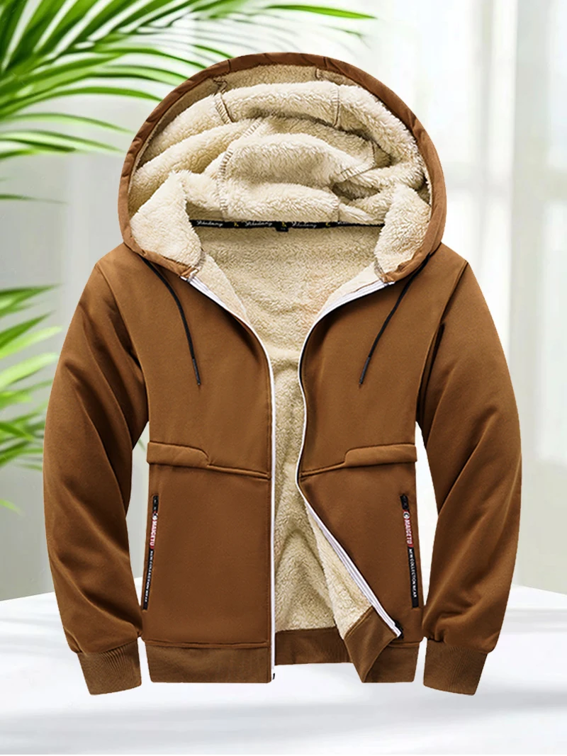 Faux Fur Lined Hoodies for Men Autumn Winter Thicken Fleece Sherpa Jacket Zip Up Hooded Coats with Zipper Pockets for Daily Wear - Image 5