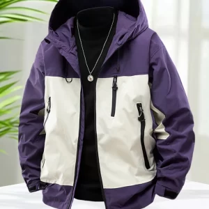 Waterproof Jacket Men Outdoor Hooded Windbreaker Jacket Patchwork Design Stylish Casual Full Zip Outerwear Jackets Men Clothing
