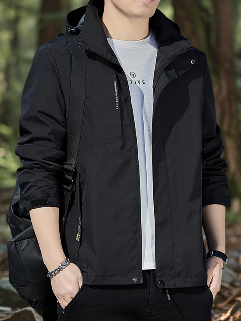 Korean Fashion Hiking Jacket Waterproof Slim Fit Zip Up Hooded Jacket Men Spring Camping Coats with Zipper Pockets - Image 4